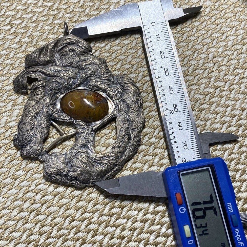 Vintage Brutalist Silver Pendant Brooch – Crown W Mark – Natural Stone – 46.9g